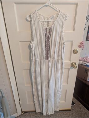 Old Navy White Striped Maxi Jumpsuit with Embroidered Front